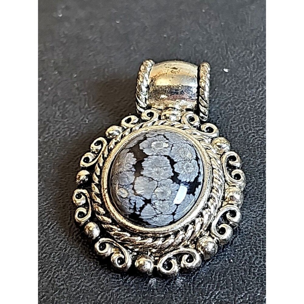 Vintage Snowflake Obsidian Oval Cabochon Pendant Ornate Silver Tone Filigree